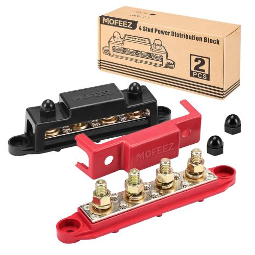 MOFEEZ Power Distribution Block Bus Bar, 4 x 3/8 Posts, 6 x #8 Screws Terminals, Max 48V 250A (Pair, Red & Black)