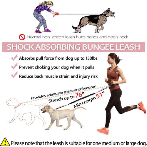 Hands Free Dog Leash Bungee Retractable Dog Running Waist Leash for Running Walking Jogging Training Hiking with Medium to Large Dogs, Adjustable Waist Belt Pouchouch, Reflective Stitches, Dual Handle