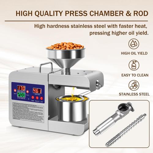 Oil Press Machine, 820W Home Commercial Automatic Oil Press Extractor, Steel Stainless Electric Cold & Hot Press Oil Expeller for Peanut Sesame Soybean Sunflower Seeds Walnuts
