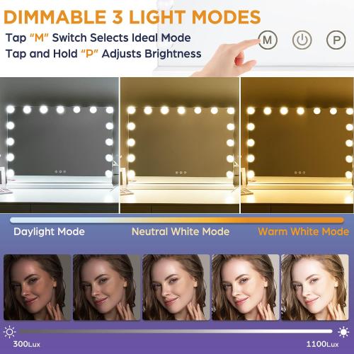 M MIVONDA Hollywood Vanity Mirror with Dimmable 15LED Bulbs Lights 3 Lighting Modes 2in1 Large Lighted Makeup Mirror for Desk and Wall with Plug-in and USB Charger Port