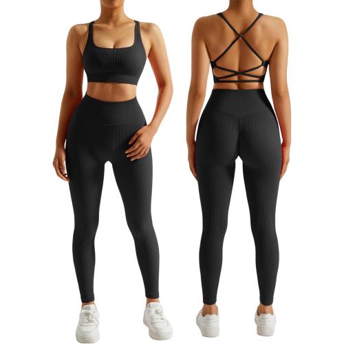 SIZE SMALL RXRXCOCO Ribbed Workout Sets for Women 2 Piece Backless Strappy Sports Bra Seamless Leggings Matching Set Yoga Outfits