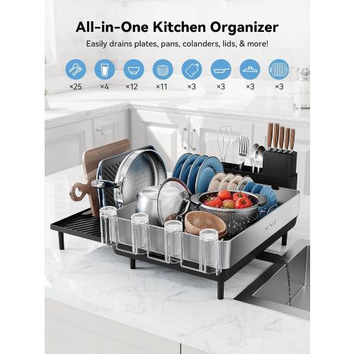 SUNLY Large Dish Drying Rack, Expandable Dish Racks for Kitchen Counter, Space Saving 304 Stainless Steel Drying Rack Kitchen, Extra Large Drainer with Multifunctional Flip Up Pegs, Black