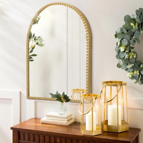 Gold Arched Mirrors for Wall, Beaded Framed Metal Accent Wall Mirror Decorative Bathroom Living Room Bedroom Entryway 30x20
