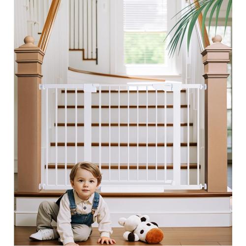 Cumbor 29.7-46 Baby Gate for Stairs, Mom's Choice Awards Winner-Dog Gates for Doorways, Auto Close Safety Pet Gate for Dogs Indoor, Easy Install Pressure Mounted Child Gate with Walk Thru Door, White