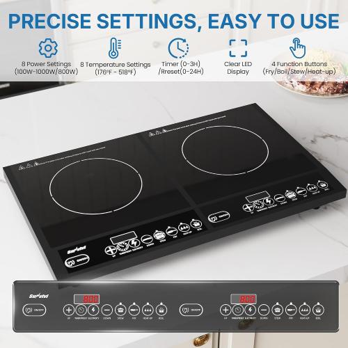 Commercial Double Burner Electric Induction Cooktop, 1000W 800W Dual Induction Hot Plate, 8 Power & 8 Temp Setting, Professional Countertop Burner Stove with Timer, LED Screen, Black