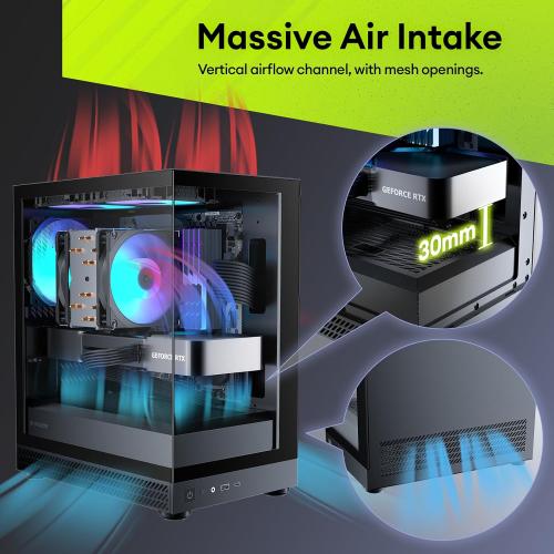 Okinos Aqua UNO Micro ATX Case, No Radiator Support, Max GPU Length 309mm, Quick-Release Panoramic Tempered Glass Front & Side, 3x120mm ARGB Fans Pre-Installed, Type-C 5Gbps, Black