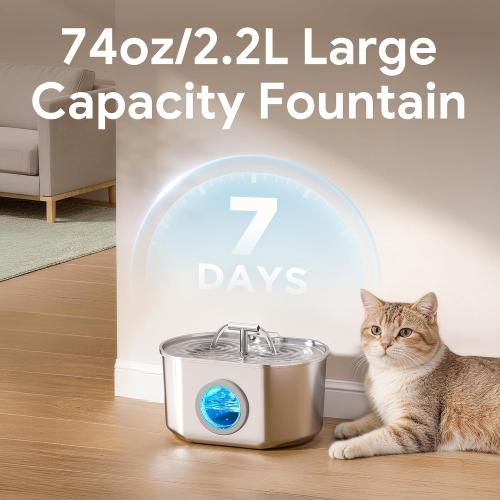 Cat Water Fountain Stainless Steel - Pet Drinking Fountain for Cats Indoor - 2.2L/74oz Automatic Water Dispenser with Watering Level Window (4 Filters) | Pet Water Fountain for Cats Inside - Ultra Quiet Pet Watering Dispenser - for Small Animals (4 Filters)