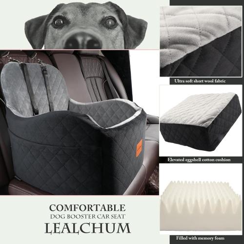 Lealchum Dog Booster Car Seat for Small/Medium Dogs,6in Memory Foam Elevated Cushion,Fully Detachable and Washable,2 Clip-On Safety Leashes,Anti-Slip Base(Black/Grey,Medium)