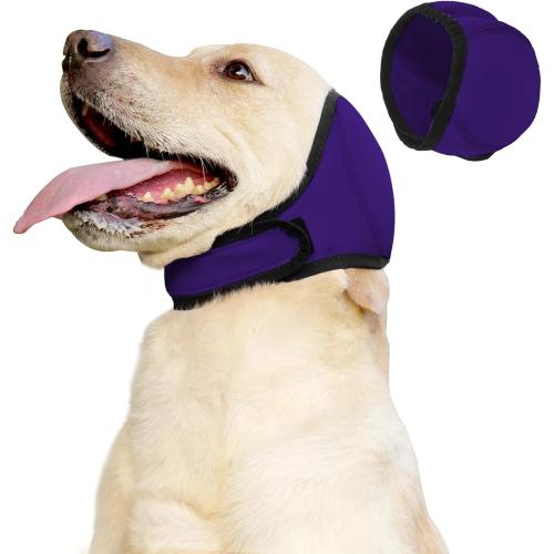 Dog Ear Muffs & No Shake Ear Wrap for Hematoma, Bathing, Drying & Noise Anxiety Relief - Elastic Waterproof Ear Protector with Calming Hoodie Design for Grooming (Purple, L)