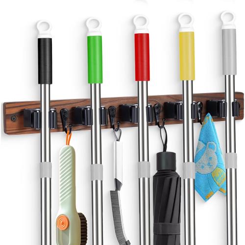 Broom Holder Wall Mount With 5 Slots & 4 Hooks，Rustic Wood Broom & Mop Hanger，