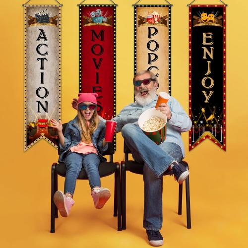 Blulu 4 Pcs Movie Night Porch Sign Banner Movie Theme Party Decoration Now Showing Banner Theater Night Popcorn Enjoy Action Hanging Porch Sign for Home Camera Film Backdrop Party Supples