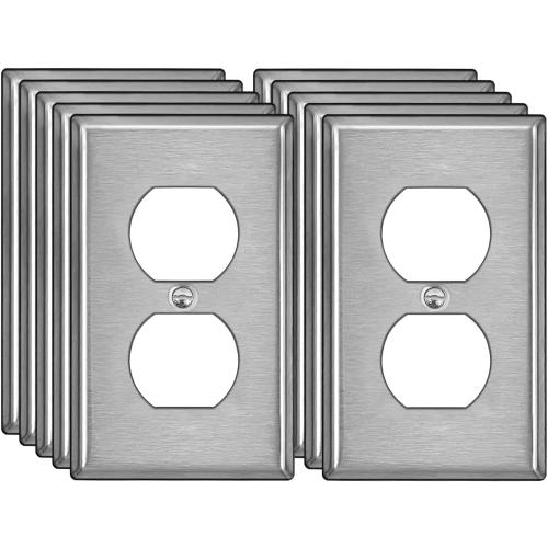 BESTTEN 10 Pack Duplex Receptacle Metal Wall Plate with Protective Film, 1 Gang Standard Industrial Stainless Steel Outlet Cover, Durable Corrosion Resistant, Brushed Finish, Silver