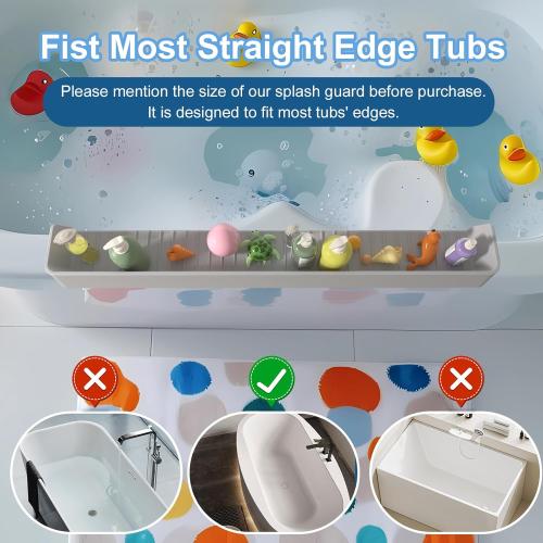 Longer Bathtub Splash Guard for Tub Kids, Bathtub Water Guards Play Shelf for Bathing, Toy Tray Caddy Holder for Tub, Silicone Tub Splash Guard Prevent Water Spills in Bathroom (2.6FT, Grey)