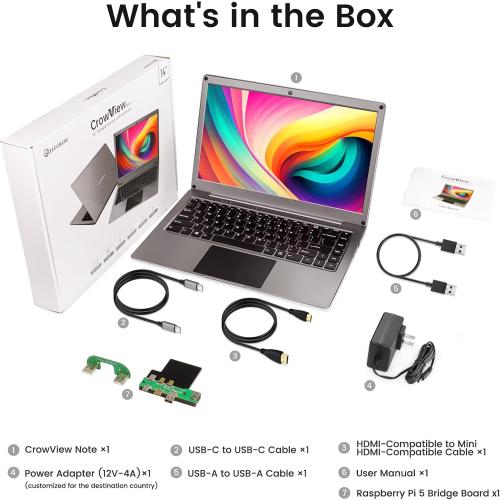 Portable Monitor with Keyboard,14inch 1080P FHD Lapdock Compatible with Raspberry Pi/Mini PC/Phone/PC/Game Console,CrowView Note Built-in Battery with RPi5 Adapter(Full TypeC & HDMI Cable Included)