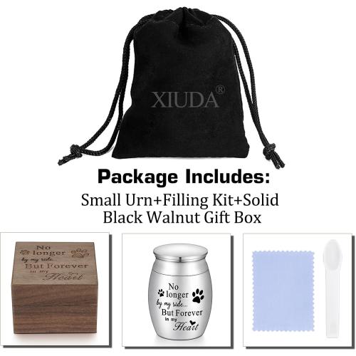 XIUDA Wooden Mini Pet Memorial Small Urns for Dog Ashes Stainless Steel Cremation Mini Urn with Black Walunt Box Funeral Pet Paw Print Keepsake Urn for Ashes