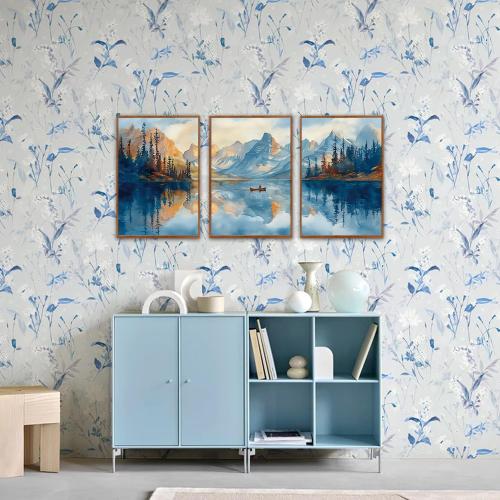 KAIRNE Landscape Wall Art Set of 3(24”X36”),Abstract Forest Canvas Paintings,Watercolor Blue Mountain Lake Prints,Framed Nature Scenery Artwork for Living Room Bedroom Home Office Gallery Decoration