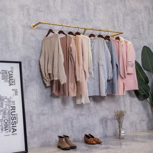Industrial Pipe Wall Mounted Clothes Hanging Shelves System,Metal Clothing Towel Rack,Garment Rack Perfect for Retail Display,Closet Organization (Gold, 71 L x 11.8 D)