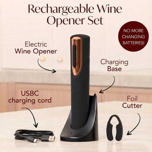 Rechargeable Electric Wine Bottle Opener - Charging Base and Foil Cutter Included with Automatic Wine Opener - Electric Corkscrew for Easy Cork Removal - Best Gift for Wine Lover (Black & Rose Gold)