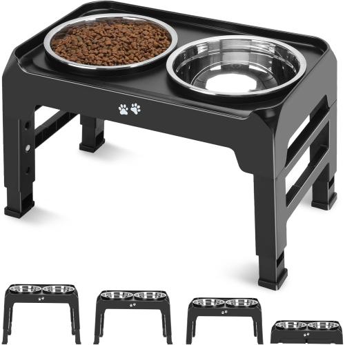 COMESOON Elevated Dog Bowls, 4 Height Adjustable Raised Bowl Stand with 2 Thick 50oz Stainless Steel Food Bowls Non-Slip Feeder Adjusts to 3.7'', 9.2'', 10.75'', 12.36'' Black, (DB-W01)