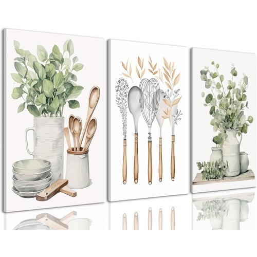 AOYUSMO Kitchen Wall Decor 3 Piece Sage Green Botanical Prints 16x24
