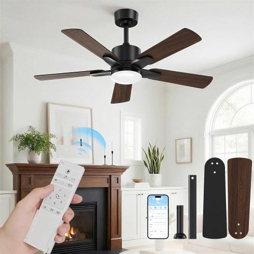 52 Inch Ceiling Fans with Lights, Large Ceiling fan with Light and Remote/APP Control, Quick Installation, 3CCT, Dimmable, Noiseless Reversible Motor, 5 Blades Black Ceiling Fan for Outdoor Indoor