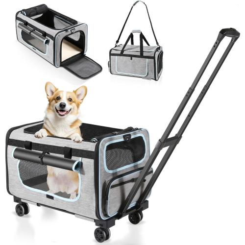 Pet Carrier with Wheels for Cats and Dogs, Pet Bag with Detachable Wheels & Washable Plush Pad, Escape-Proof Zipper & Shoulder Strap, Portable Carrier for Outdoor and Car Travel(Max. 40 lbs)