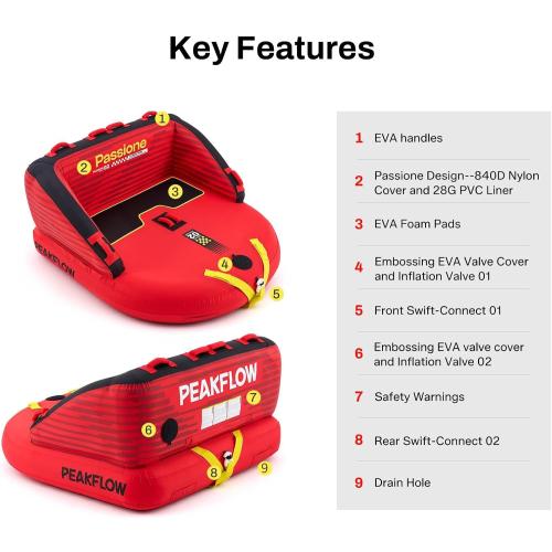 PEAKFLOW Towable Tube,Boat Tube,1-3 Person,Tubes for Boating,PVC Liner and Full Nylon Cover,Lake & Ocean Fun