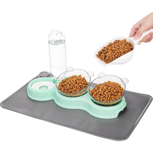 WRINGKIT Triple Cats Bowls, Cat Food Water Bowl with Mat and Scoop, 15° Tilted Raised Cat Bowl Dishes with Automatic Water Bottle, Pet Feeding Bowls for Cats, Small Dogs, Wet, Dry Food