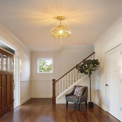 Amber Ribbed Glass Ceiling Light: 11.8 Vintage Semi Flush Mount Ceiling Lights - Mid Century Modern Brass Light Fixture - Minimalist Drum Decorative Lighting Fixtures for Bedroom Living Room Entryway