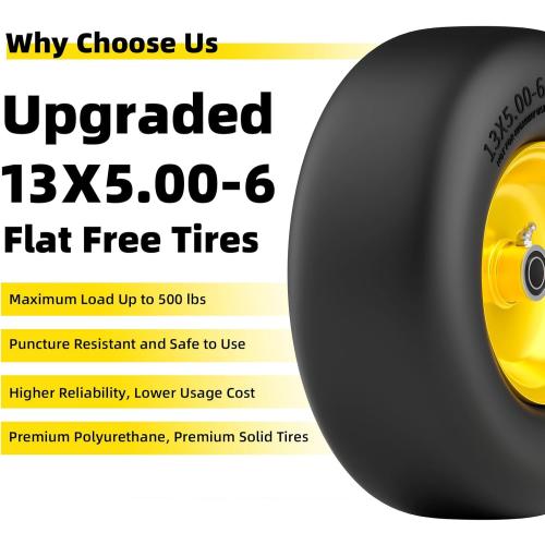 Size 13x5.00-6 Flat Free Lawn Mower Tire and Wheel, 13x5x6 Solid Front Tires for Zero Turn Mower, 500Lbs Load, 3/4 & 5/8 Bearing, 4.2-6.2 Hub for Residential Commercial Lawn, 2Pcs Yellow