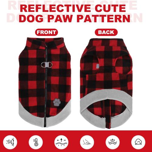 Mihachi Dog Fleece Vest Sweater Zip Up Warm Pullover Step-in Dog Jacket with Dual D-Ring Leash, Winter Cold Weather Reflective Coat Clothes Hoodie for Small Medium Dogs Puppy Cat Boy Girl,Plaid S