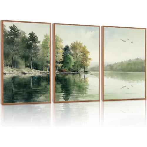 KAIRNE Framed Nature Canvas Wall Art Set,Misty Forest Wall Decor,Green Mountain Forest Pictures,Lake Water Painting set of 3(24”x36”),Landscape Scene Print for Living Room, Bedroom,Gallery Decor