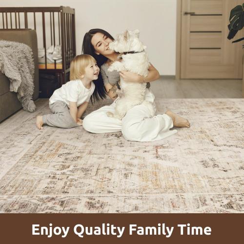 AMOAMI-Area Rug 8FT X 10FT Rugs for Living Room-Vintage Soft Beige Rugs for Bedroom-Non Slip Carpet-Washable Rug for Dining Room Living Room Bedroom Office Under Table