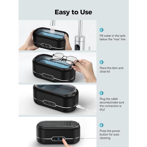 Ultrasonic Jewelry Cleaner, 48KHz Jewelry Ultrasonic Cleaner Machine for All Jewelry, Glasses, Rings, Retainers, Watch Strap, Dentures, 304 Stainless Steel 12oz Cleaning Pod - Black
