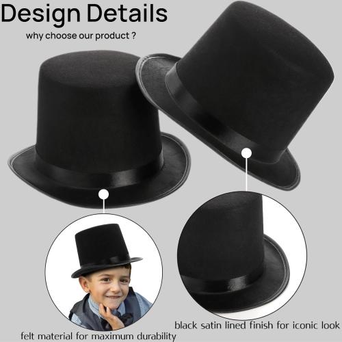3 Pack Black Felt Top Hats for Kids, Funny Party Hat, Tall Victorian Tuxedo Costume Hats, Dress Up Hat, Coachman Hats for Cosplay, Stage Performance