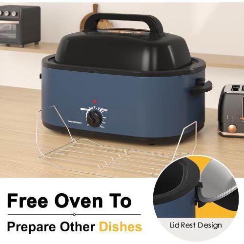 Sunvivi Roaster Oven, Electric Roaster Oven with Viewing Lid, 28lb 24-Quart Turkey Roaster with Unique Defrost/Warm Function, Large Roaster with Removable Pan & Rack, Stainless Steel, Blue