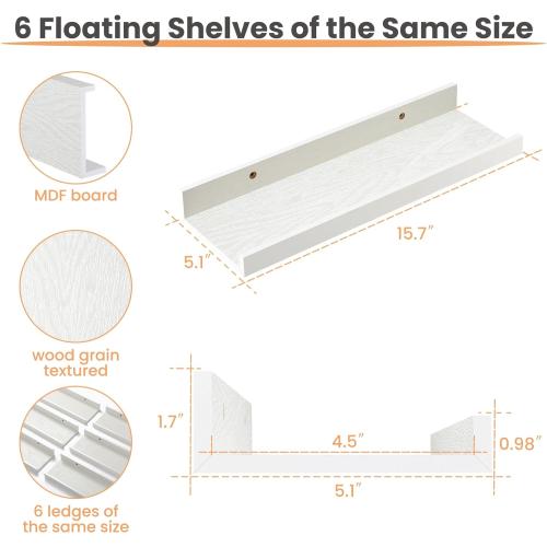 upsimples Floating Shelves for Wall, Wall Shelves for Decor Storage Set of 6, Wall Mounted Wood Shelf for Bedroom, Living Room, Bathroom, Kitchen, Picture Ledge Shelf, White