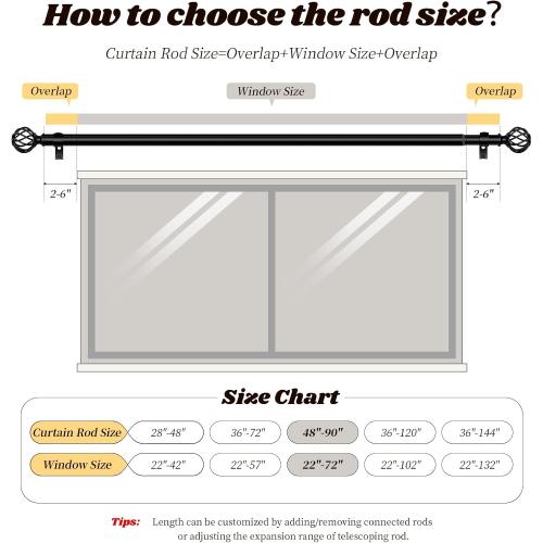 Curtain Rods for Windows 48-90 Inch(4-7.5Ft), Matte Black Decorative Curtain Rod Adjustable, Heavy Duty 1 Inch Drapery Rod for Living Room Bedroom Kitchen