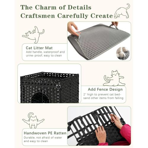 SETVSON Cat Litter Box Enclosure Furniture, Hidden PE Rattan, Black | PE Rattan Kitty House with Top Fence, Fits Standard Litter Box, Included Litter Mat, 2 S-Hooks, Sturdy Metal Frame