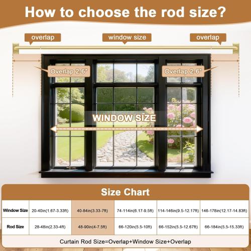 Gold Curtain Rods, Room Darkening Rod for Windows 48 to 90 Inches(4-7.5Ft), Wrap Around Curtain Rods, Heavy Duty Blackout Drapery, Modern Decorative Window Treatment Rod, Gold