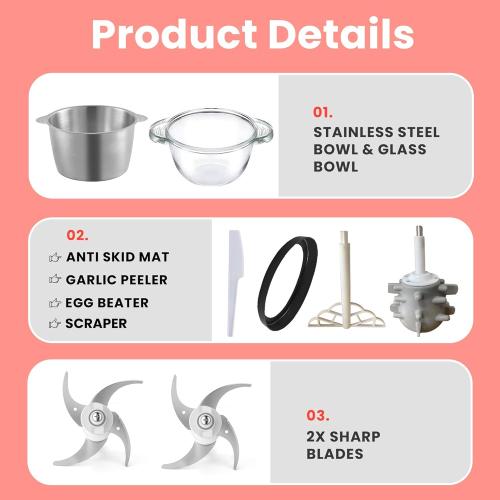 Food Processor - Electric Meat Grinder - Food Chopper with Two 12 Cup 3L Bowls & 2 Bi-Level Blades - 3 Speed Kitchen Cutter for Vegetable, Onion, Garlic, Meat - Baby Food Blender (3L 12 Cup)