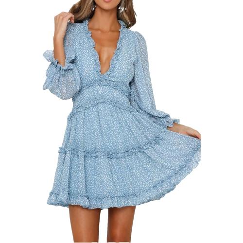 Size Small Color Blue Women's Backless Deep V Neck Dress Retro Ruffled Bohemian Dress Summer Short Dress