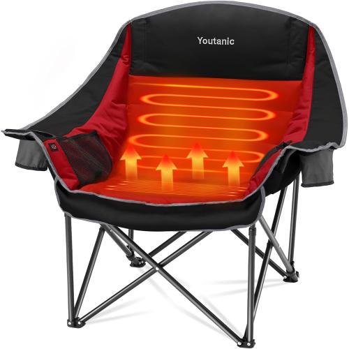 Youtanic Oversized Extra Large Heated Padded Camping Chair up to 500lbs, 3 Heat Levels Camp Chair with Carry Bag, Outdoor Heating Folding Chairs for Adults, Fishing, Sports, Picnic, Red-Black