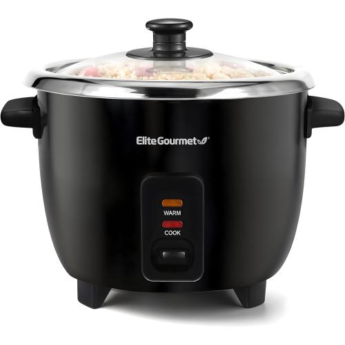 Elite Gourmet ERC006SS 6-Cup Electric Rice Cooker with Stainless Steel Inner Pot, Makes Soups, Stews, Porridges, Grains and Cereals, 6 cup (3 cups uncooked), Black