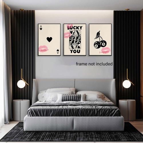 LYPHNX Trendy Ace of Spades Poster Wall Art Vintage Poker Queen Luck You Prints Black 8 Ball Cherry Set of 3 Wall Decor Kiss Lips Preppy Coquette Painting Picture for Bedroom Dorm 16x24 Unframed