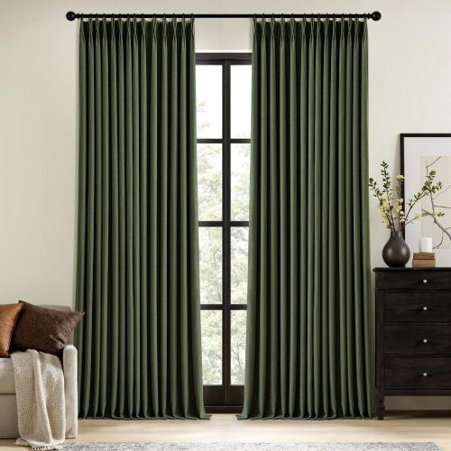 MIULEE Olive Green Pinch Pleated 100% Blackout Linen Curtains 96 Inch Length 2 Panels Set, Black Out Memory Trained Pleat Curtains Light Blocking Room Darkening Drapes for Bedroom Living Room Window