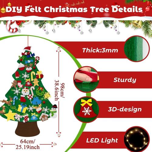 Felt Christmas Tree Set, Festive DIY Decoration, 98x69cm, Winter Holiday Children Activity Craft with String Lights, Felt Christmas Tree Set with Ornaments, Decorative for Wall Window