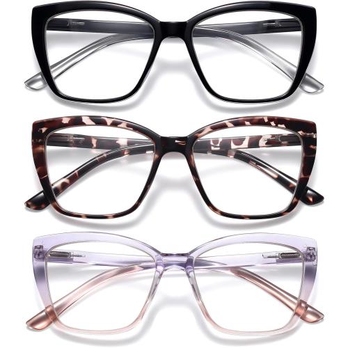 Reading Glasses for Women, 3 pack Fashion Oversized Blue Light Readers for Women, Spring Hinge Cat Eye Glasses Anti Eyestrain (A1 Black Tortoiseshell Purple, 2.75)