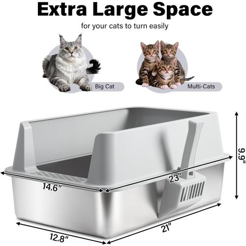 Stainless Steel Litter Box, XL Metal Litter Box with Lid | Large Cat Litter Boxes for Big Cats with High Sides, Easy Cleaning, Non Stick, No Smell, Include Scoop and Mat