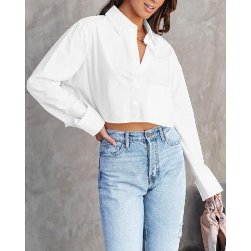 INFITTY Small White Button Down Shirts for Women Long Sleeve Casual Crop Tops Solid Lapel Blouse Shirt with Pocket